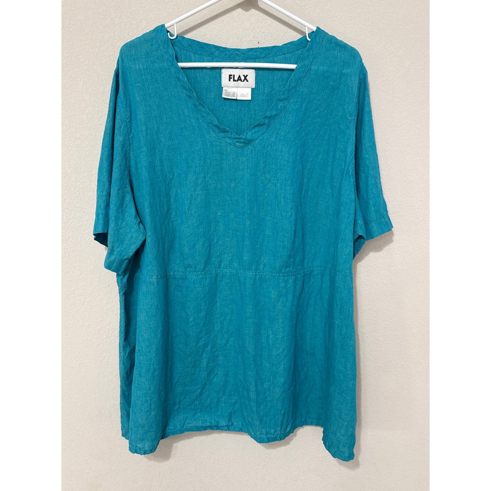 Flax Linen V-Neck Tunic Top Womens 1G 18-20 Teal Blue Short Sleeve Lagenlook